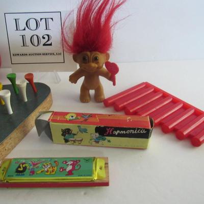 Vintage Small Toys, Troll, Plastic Instruments, Harmonica in Box