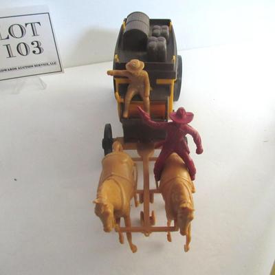 Vintage Plastic Wells Fargo Wagon, Horses, 2 Cowboys, Plastic Dog and a Gun