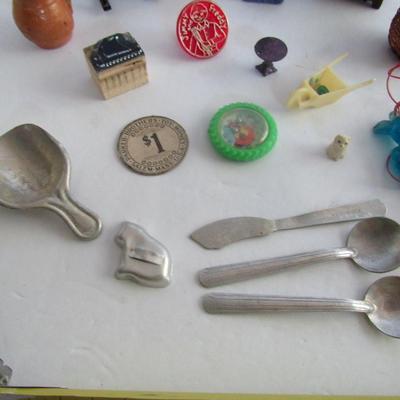Lot of Miniature Toys, Aluminum Toy Silverware, Tiny Metal Table