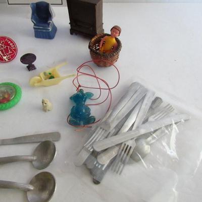 Lot of Miniature Toys, Aluminum Toy Silverware, Tiny Metal Table