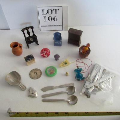 Lot of Miniature Toys, Aluminum Toy Silverware, Tiny Metal Table