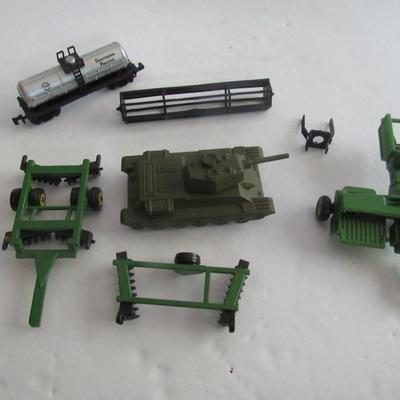 Lot of Metal and Plastic Farm Toys and an Army Tank