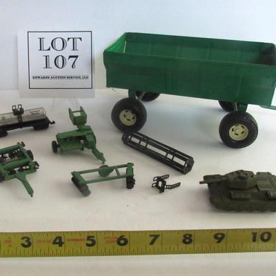 Lot of Metal and Plastic Farm Toys and an Army Tank