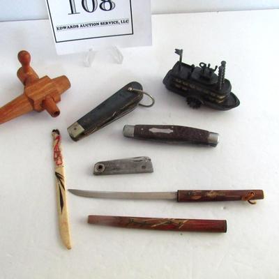 Junk Drawer Lot, Tapper, Ship Pencil Sharpener, Far Eastern Letter Openers, Etc
