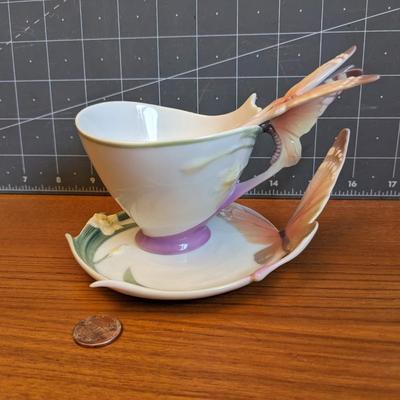 Franz Porcelain Butterfly Teacup, Saucer, & Spoon (Original MSRP: $84