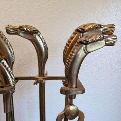Vintage Equestrian Horse Head Brass Fireplace Tool Set