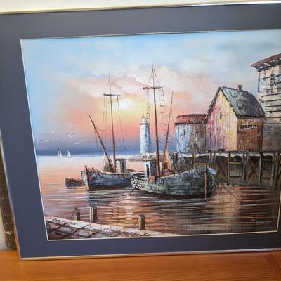 Framed & matted boat painting 