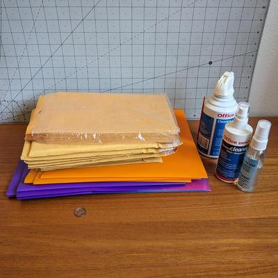 Misc. papers & envelopes + office cleaning supplies