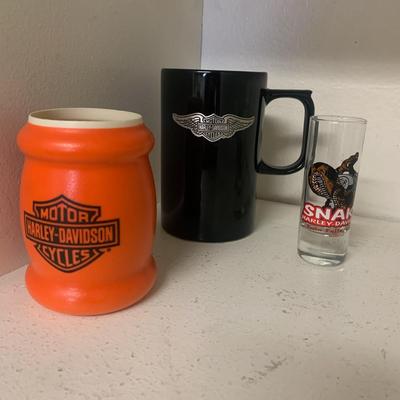 Harley Davidson beer coozie, mug + shot glass