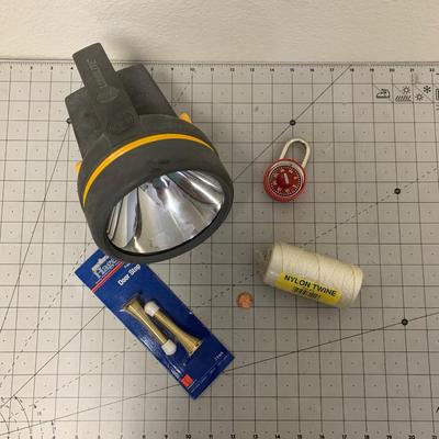 Flash Light, Door Stop, Lock (with combo), & Twine