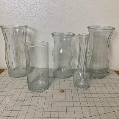 5 Clear Glass Vases (misc. sizes)