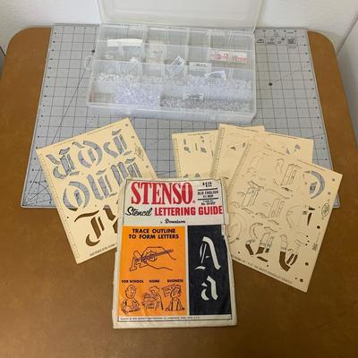 Stencil letter guide + clear beads in box