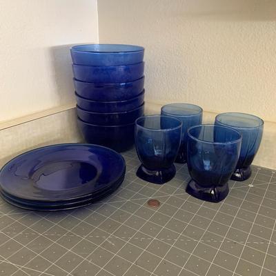Blue Glass Dishes (3 small plates, 6 bowls, 4 cups)