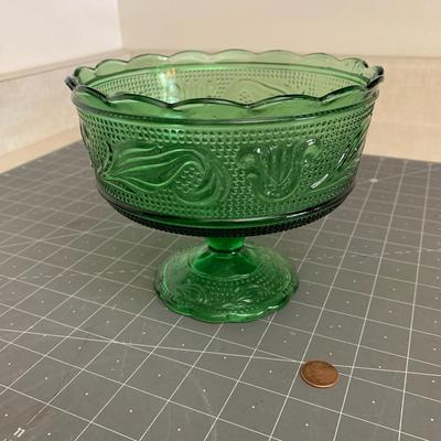 E.O. Brody Green Glass Compote Pedestal Dish Model M6000