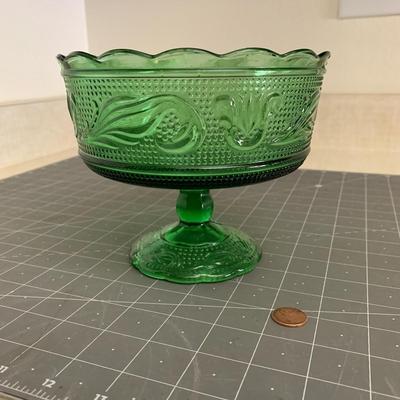 E.O. Brody Green Glass Compote Pedestal Dish Model M6000