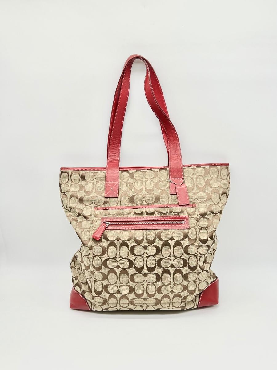 COACH Khaki Shoulder Bag With Red Leather Trim
