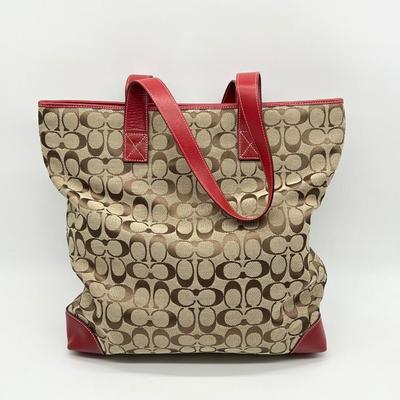 COACH ~ Khaki Shoulder Bag With Red Leather Trim