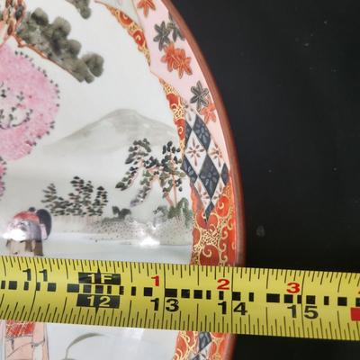 3  Women in Garden Mt. Fuji in Background Japanese Kutani  Plate Charger 14"