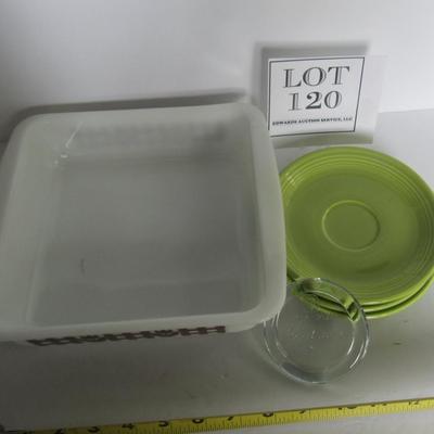 Glasbake Baking Dish, Fiesta Saucers, Boil Alert Glass Anti Boil Tool