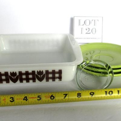 Glasbake Baking Dish, Fiesta Saucers, Boil Alert Glass Anti Boil Tool