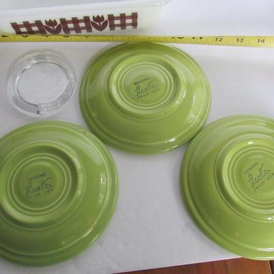 Glasbake Baking Dish, Fiesta Saucers, Boil Alert Glass Anti Boil Tool
