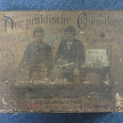 German Wooden Chemistry Box - 18 12/ x 12  inches - Great Graphics inside lid