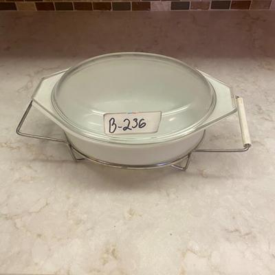 White Casserole Dish and Metal Carrier