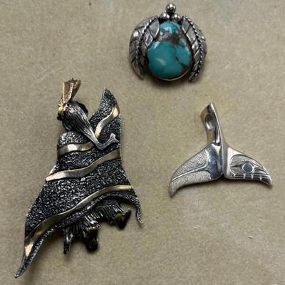Michael Little Elk Silver & 14k Brooch, Whale Tail Pendant & More (B1-MG)