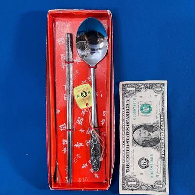 STEEL OLD JAPAN RICE SPOON AND CHOPSTICK SET 