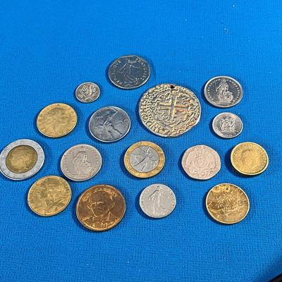 GROUP OF COINS & TOKENS with FAUX PIECE OF EIGHT