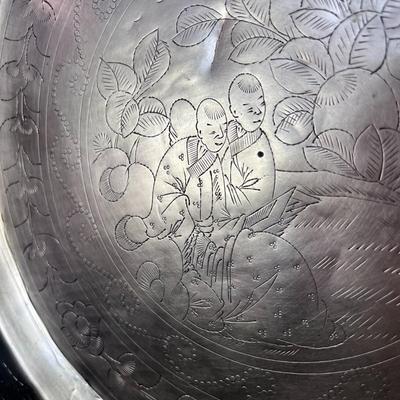 LARGE ANTIQUE CHINESE BRASS PLATTER INCISED w/ 3-D ACCENTS 