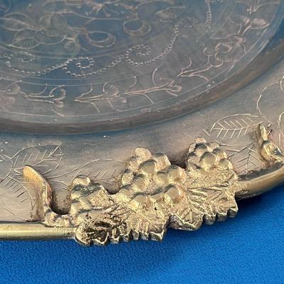 LARGE ANTIQUE CHINESE BRASS PLATTER INCISED w/ 3-D ACCENTS 