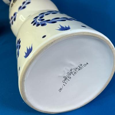 FESTIVE BLUE & WHITE CERAMIC TEQUILA BOTTLE METAL CORKED CAP
