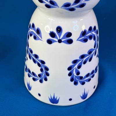 FESTIVE BLUE & WHITE CERAMIC TEQUILA BOTTLE METAL CORKED CAP