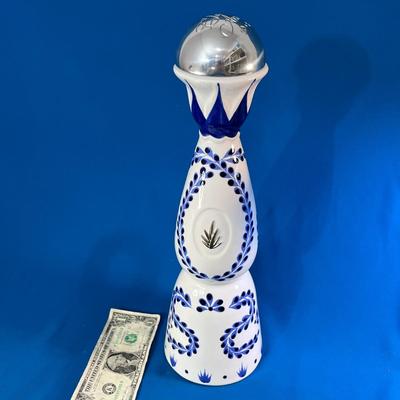 FESTIVE BLUE & WHITE CERAMIC TEQUILA BOTTLE METAL CORKED CAP