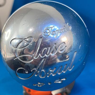 FESTIVE BLUE & WHITE CERAMIC TEQUILA BOTTLE METAL CORKED CAP
