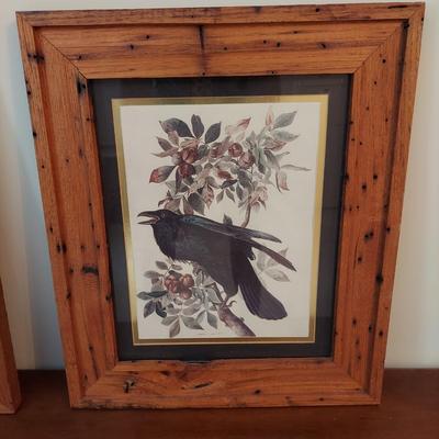 Two Framed Bird Prints and Natural Wood Centerpiece (O-BBL)