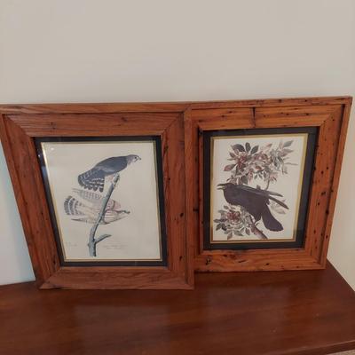 Two Framed Bird Prints and Natural Wood Centerpiece (O-BBL)