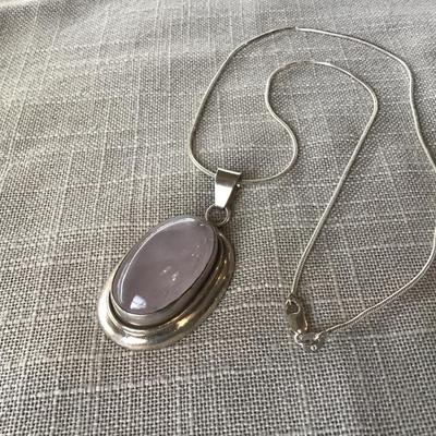 Large Silver 925  Pendant Pink Stone with Italy 925 Chain