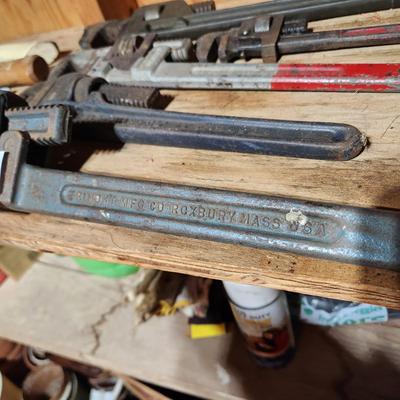 8 Pcs. Tool Lot Hammers, Axe, Pipe Wrenches