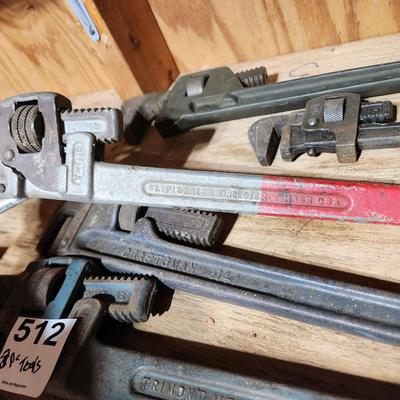 8 Pcs. Tool Lot Hammers, Axe, Pipe Wrenches