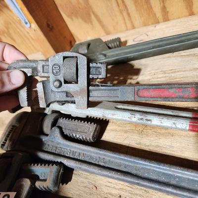 8 Pcs. Tool Lot Hammers, Axe, Pipe Wrenches