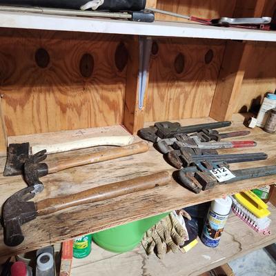 8 Pcs. Tool Lot Hammers, Axe, Pipe Wrenches