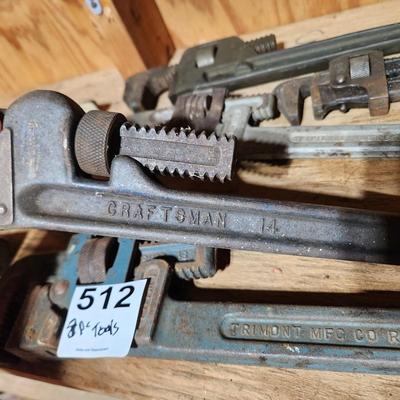 8 Pcs. Tool Lot Hammers, Axe, Pipe Wrenches