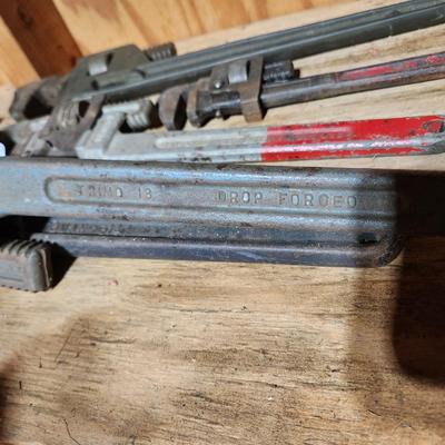 8 Pcs. Tool Lot Hammers, Axe, Pipe Wrenches