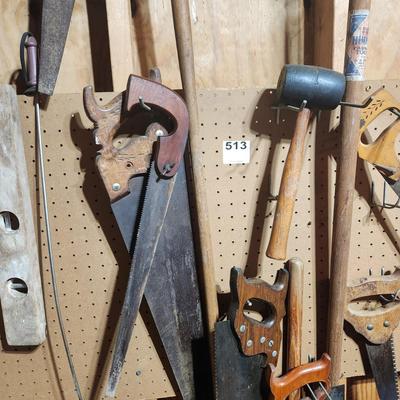 Tool lot Saws Shovels, Mallet, Rake,