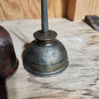 4 Vintage Eagle Lidseen Pump Oiler Oil Cans & 1 J-mark Funnel