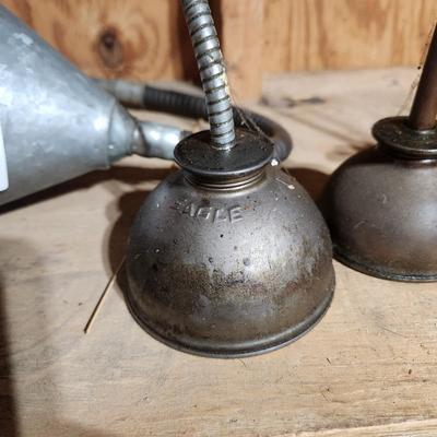 4 Vintage Eagle Lidseen Pump Oiler Oil Cans & 1 J-mark Funnel