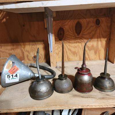 4 Vintage Eagle Lidseen Pump Oiler Oil Cans & 1 J-mark Funnel