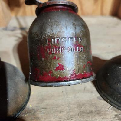 4 Vintage Eagle Lidseen Pump Oiler Oil Cans & 1 J-mark Funnel